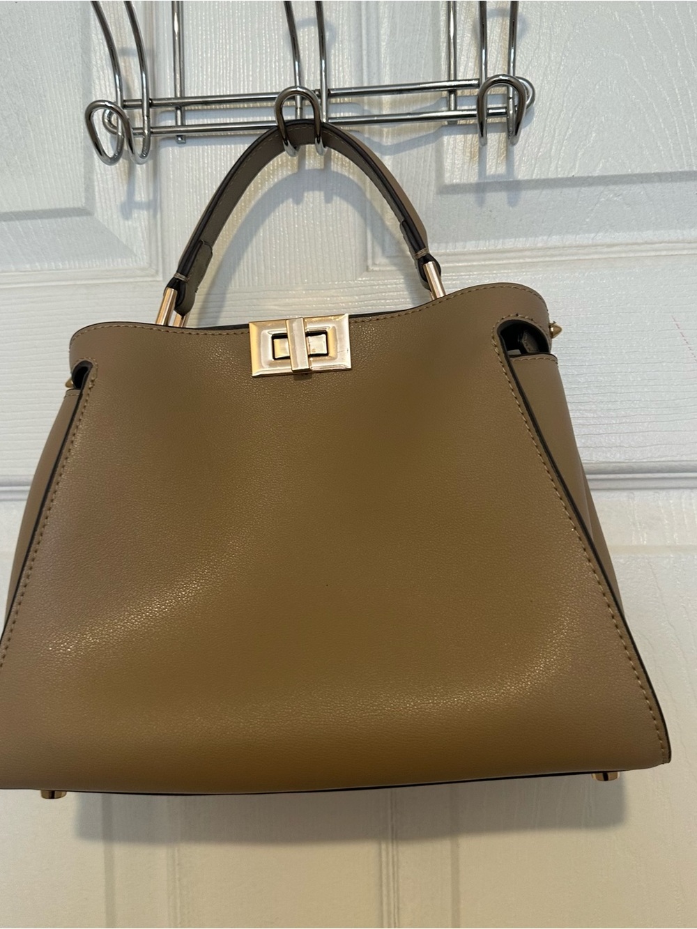 Structured Taupe Top-Handle Bag with Gold Hardware
